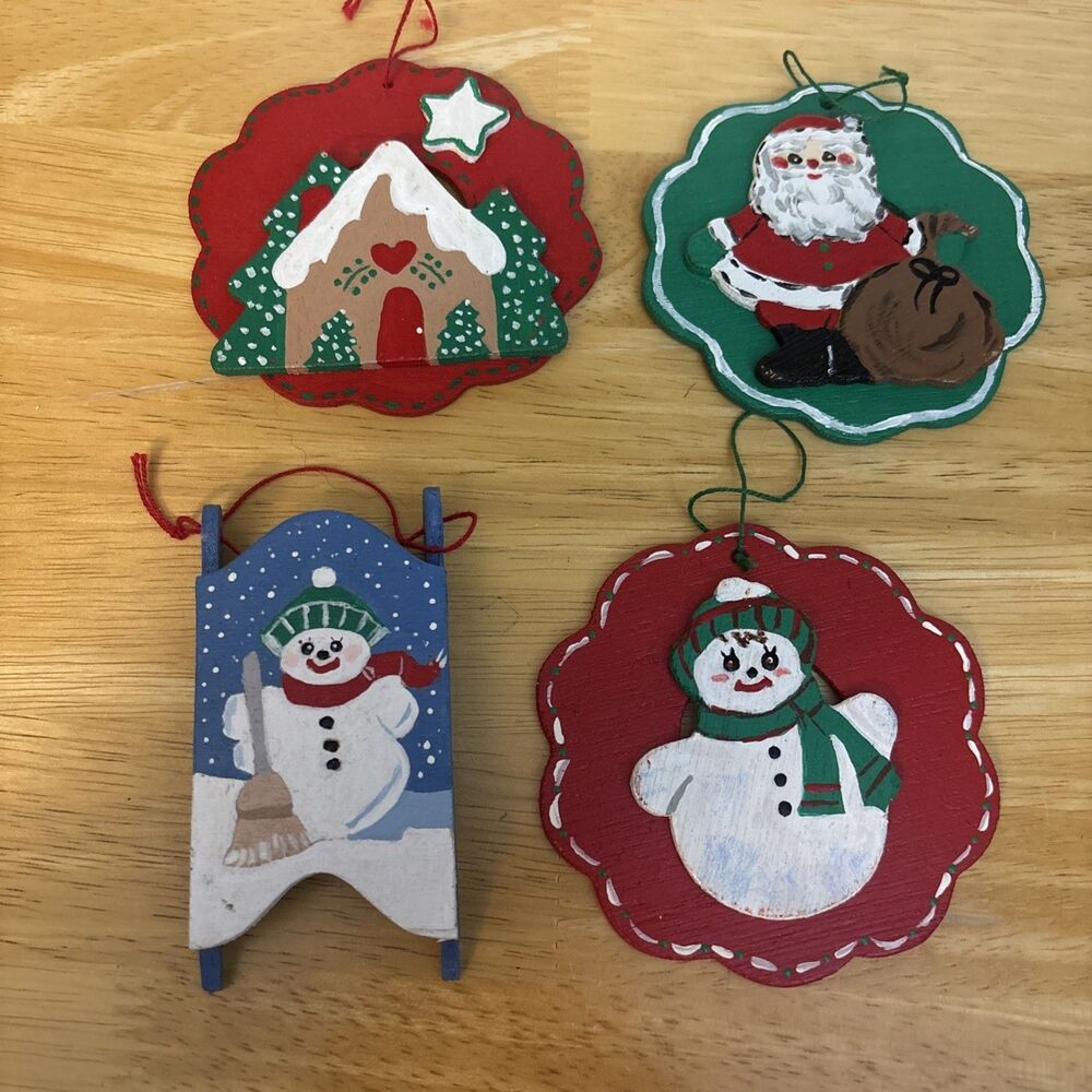 VIntage 80s Hand Painted Flat Wooden Christmas Ornaments LOT Of 4-cottage Core